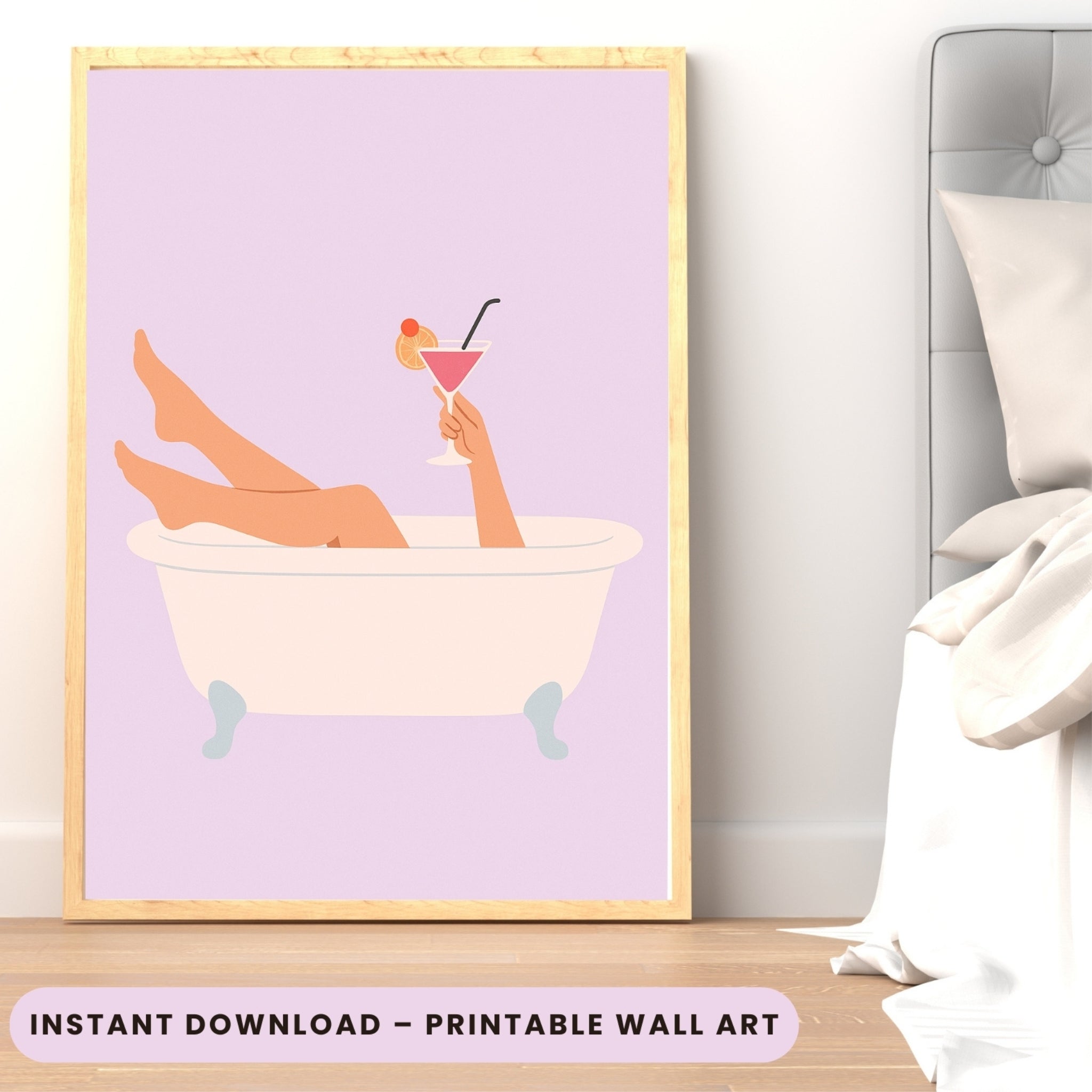 Retro Clawfoot Bathtub Wall Art Print – Feminine Minimalist Bathroom Decor | Digital Download