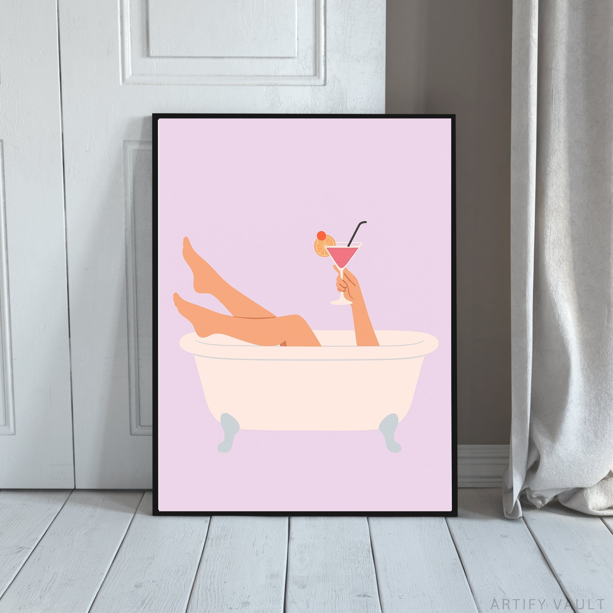 Retro Clawfoot Bathtub Wall Art Print – Feminine Minimalist Bathroom Decor | Digital Download