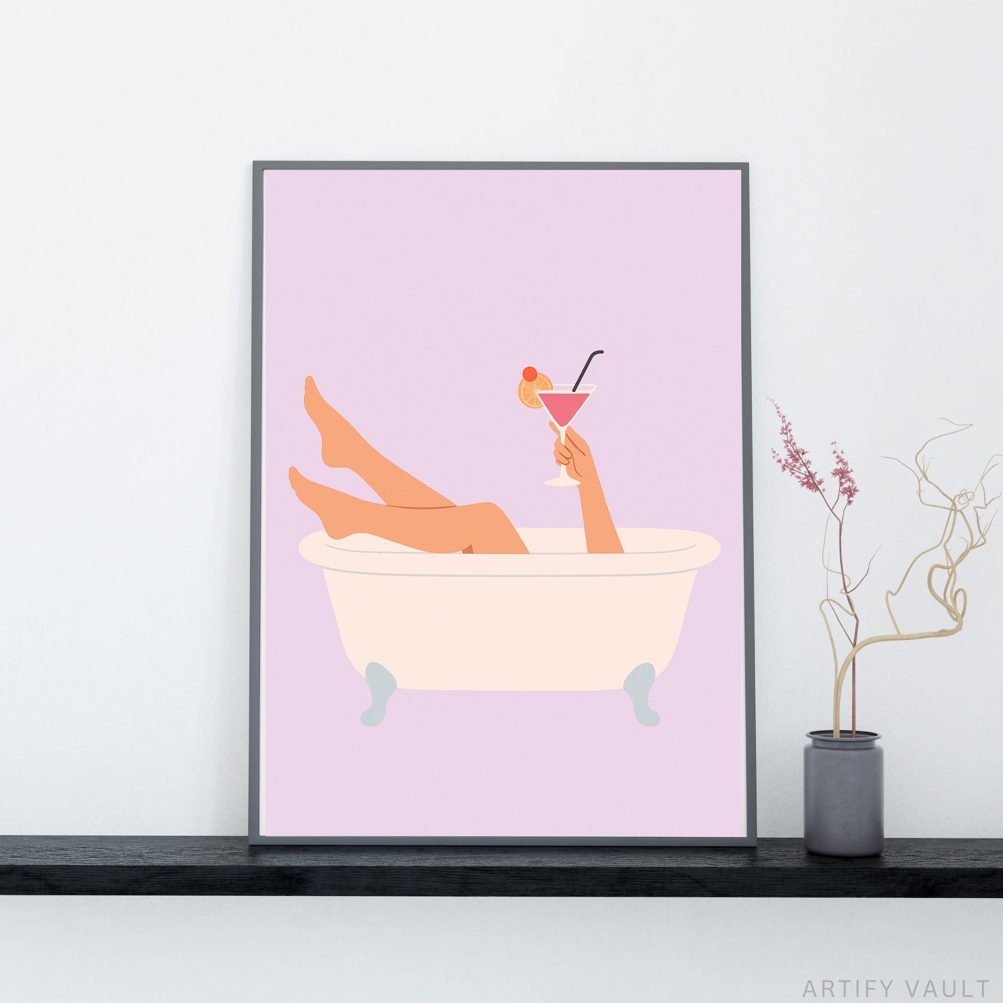 Retro Clawfoot Bathtub Wall Art Print – Feminine Minimalist Bathroom Decor | Digital Download