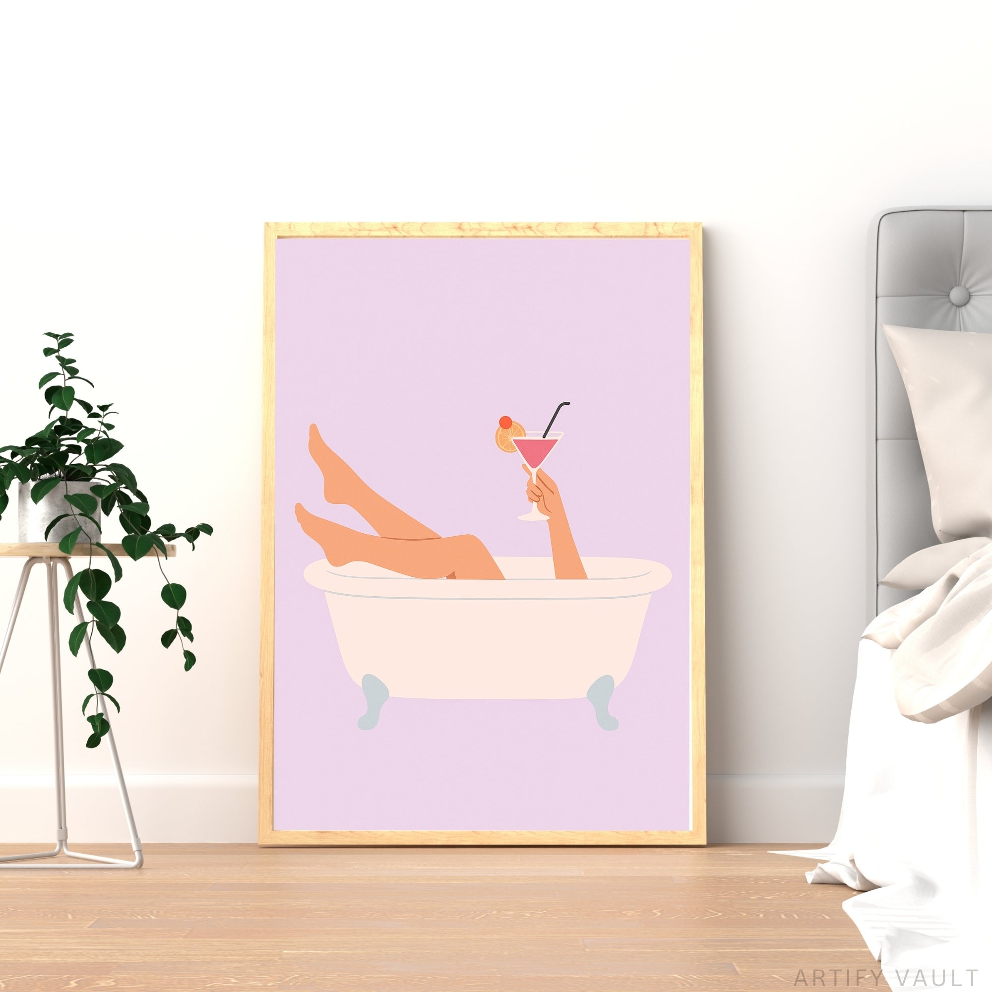 Retro Clawfoot Bathtub Wall Art Print – Feminine Minimalist Bathroom Decor | Digital Download