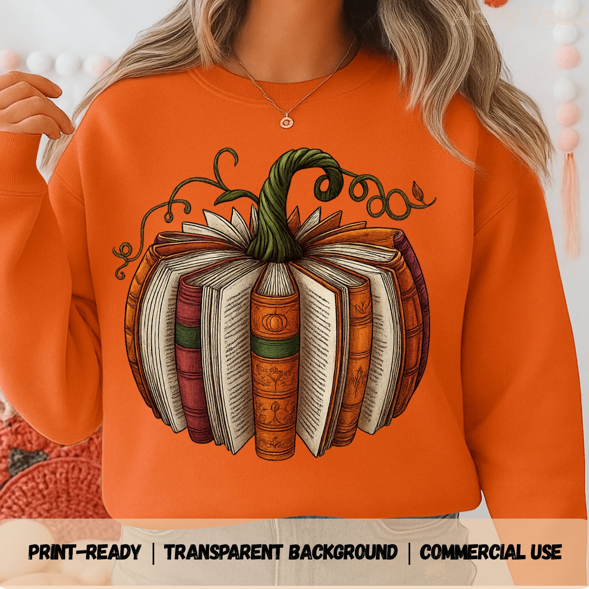 Vintage Book Pumpkin Transparent PNG Design — Autumn Fall Sublimation Print
