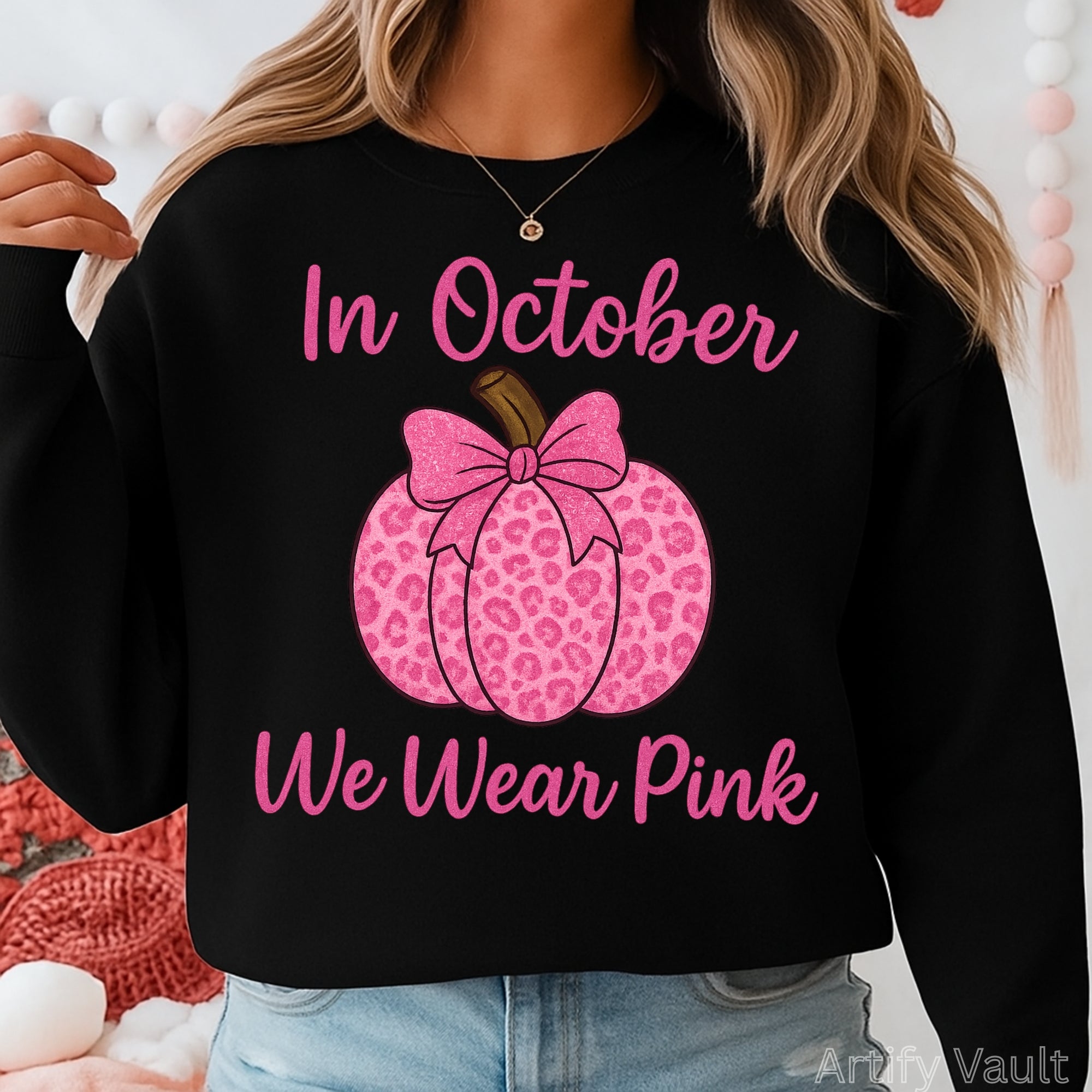 In October We Wear Pink PNG | Glitter Pink Pumpkin Design
