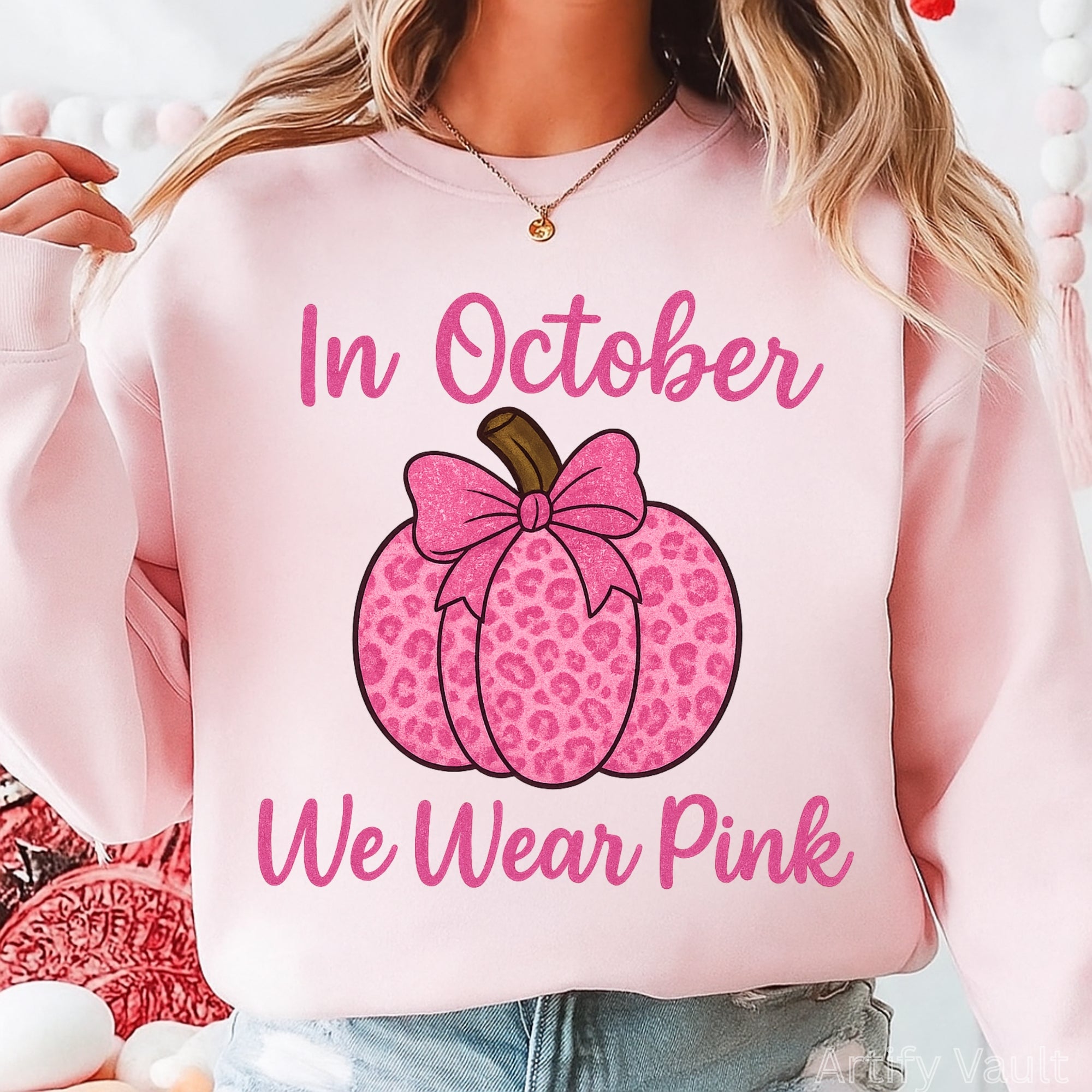 In October We Wear Pink PNG | Glitter Pink Pumpkin Design