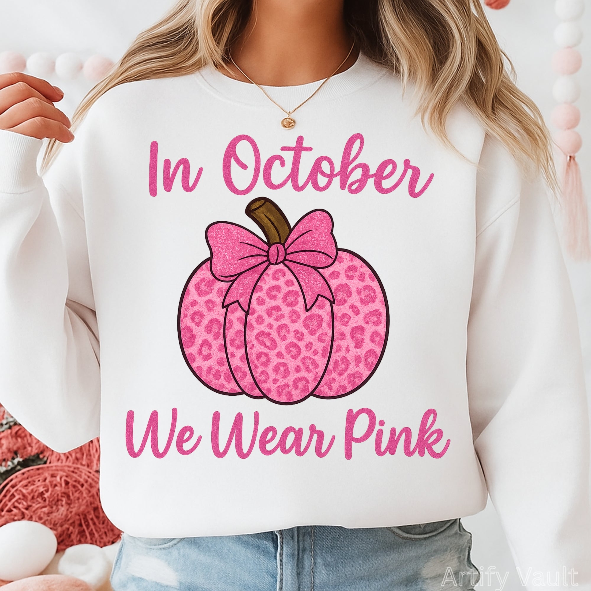In October We Wear Pink PNG | Glitter Pink Pumpkin Design