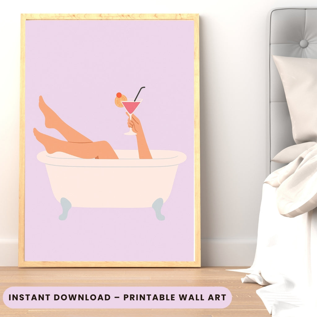 Retro Clawfoot Bathtub Wall Art Print – Feminine Minimalist Bathroom Decor | Digital Download