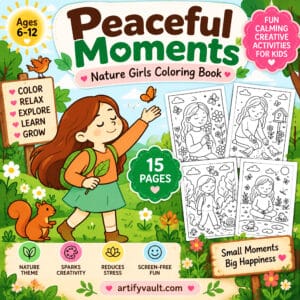 Peaceful Moments Nature Girls Coloring Book for kids ages 6-12 featuring a cute girl exploring nature with flowers, animals, and relaxing coloring activities