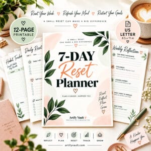 7-Day Reset Planner printable with pastel botanical cover for weekly goals, self-care and personal growth