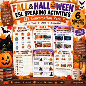Fall and Halloween ESL speaking activities printable pack for teens and adults