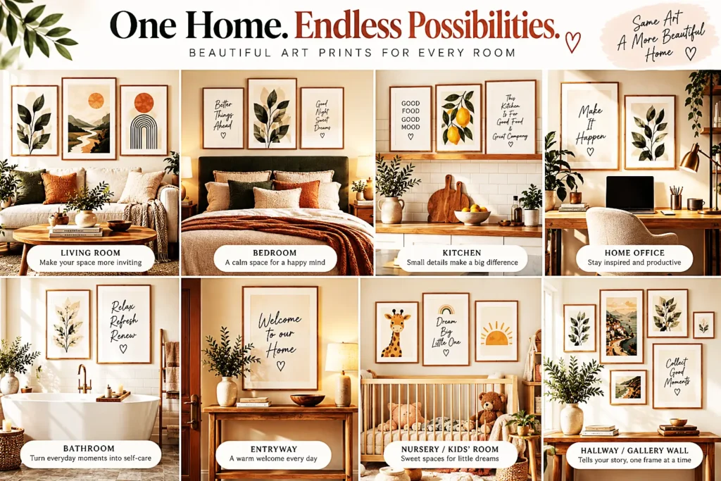 Digital art print ideas for living room, bedroom, kitchen, home office, and other rooms