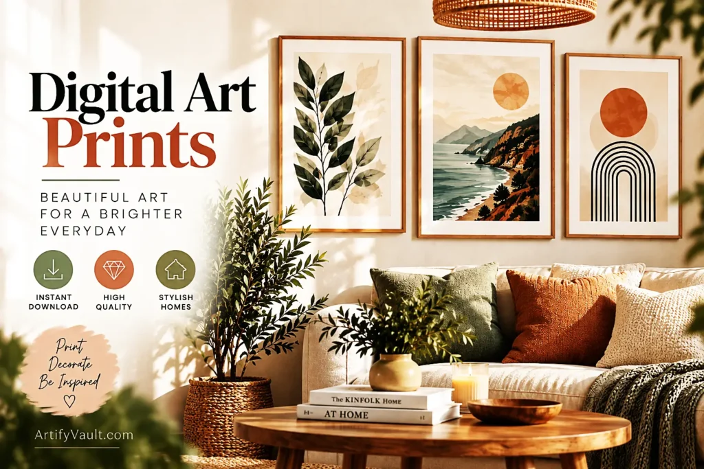 Modern living room decorated with digital art prints and framed wall art
