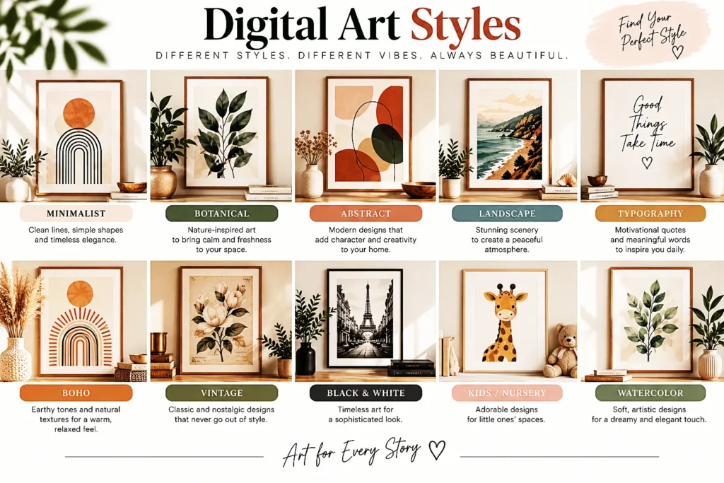 Popular digital art styles for modern homes including minimalist, botanical, abstract, and vintage art