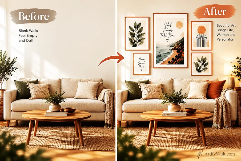 Before and after living room transformation with digital wall art prints