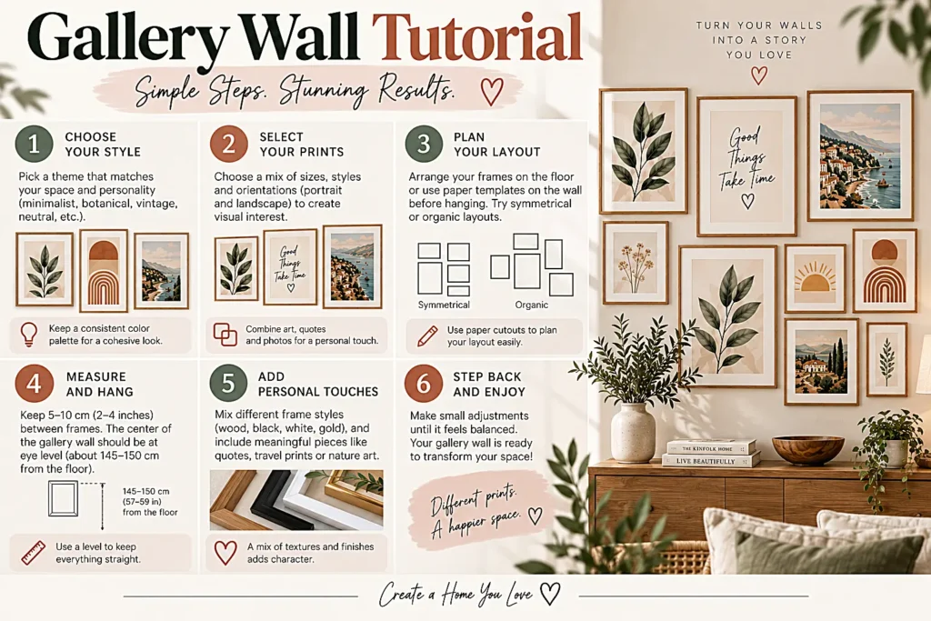 Step-by-step gallery wall tutorial using digital art prints and framed artwork