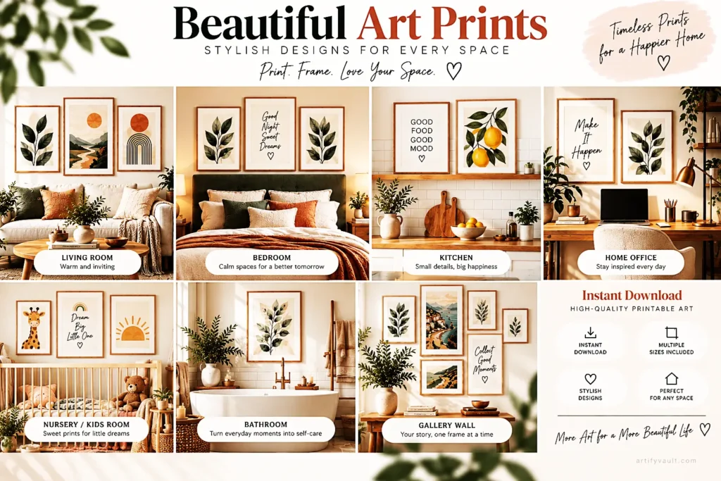 Printable wall art showcase featuring framed digital artwork for different rooms