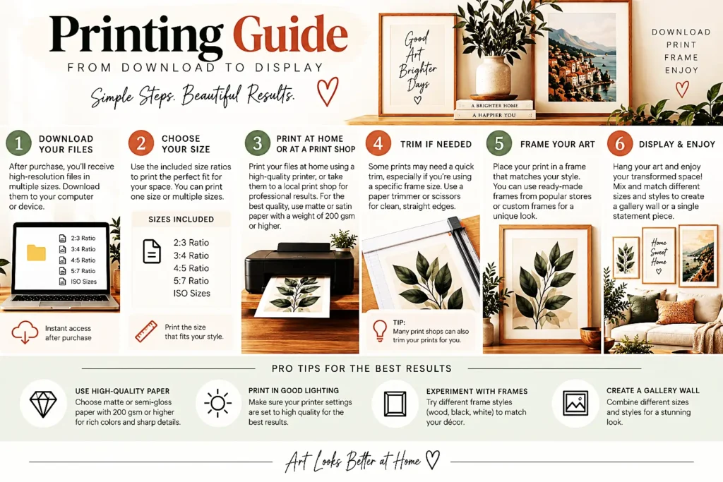 Digital art printing guide showing file downloads, print sizes, paper, framing, and display tips