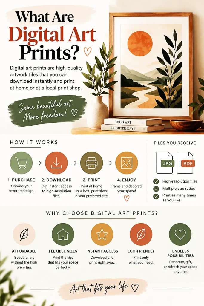 Infographic explaining digital art prints, digital downloads, printing, and home decoration
