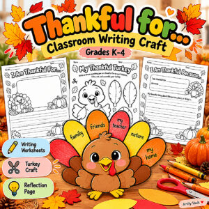Thankful for Classroom Writing Craft Thanksgiving printable for Grades K–4