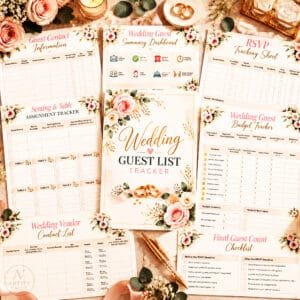 Wedding Guest List Tracker Printable – 11-page wedding planner with guest list, RSVP, seating, budget and vendor tracking