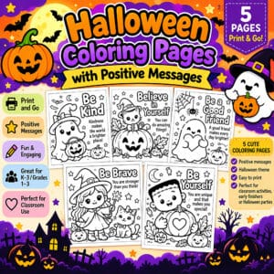 Halloween coloring pages for kids with five cute printable designs and positive messages about kindness, bravery, friendship, and confidence