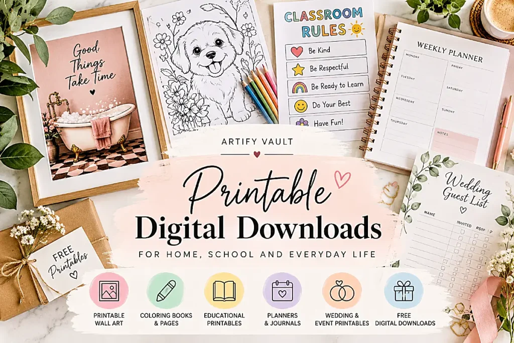 Printable digital downloads featuring wall art, coloring pages, educational worksheets, planners, and wedding templates.